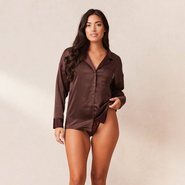 Lounge Underwear Classic Satin Pyjama Shirt - Chocolate