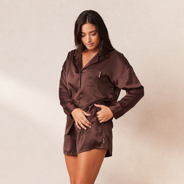 Lounge Underwear Classic Satin Pyjama Shorts - Chocolate
