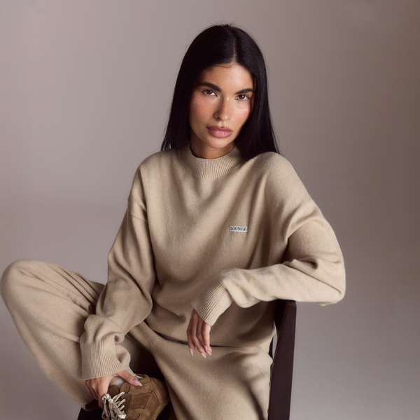 lounge underwear Cuffed Crew Neck Knitted Jumper - Oatmeal Marl