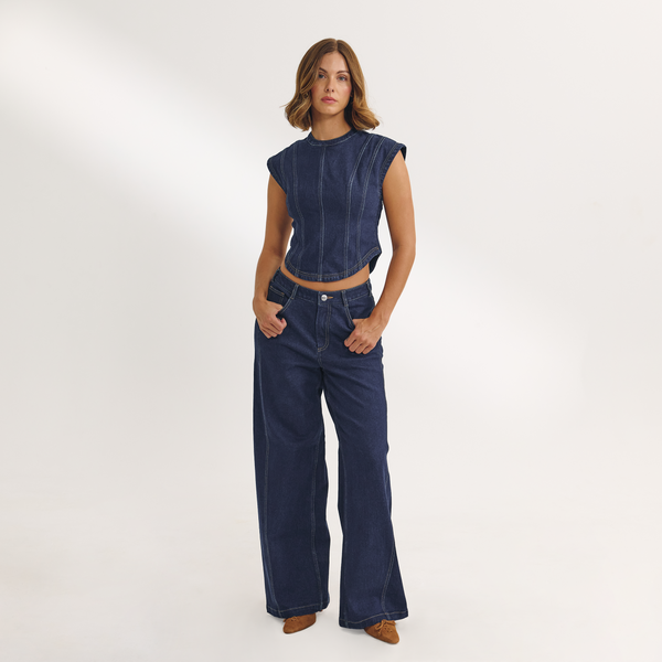 lounge underwear Dipped-Waist Wide-Leg Jeans - Indigo Blue