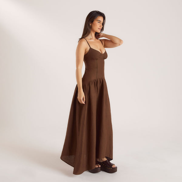 Lounge Underwear Drop-Waist Linen Maxi Dress - Chocolate
