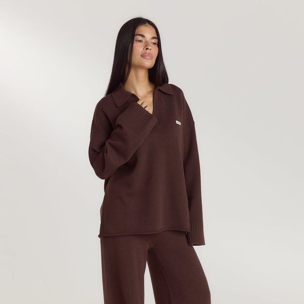 Lounge Underwear Half Placket Knitted Jumper - Chocolate