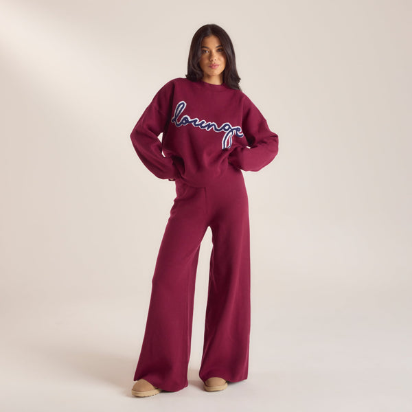 Lounge Underwear Logo Knitted Crew Neck Jumper - Burgundy