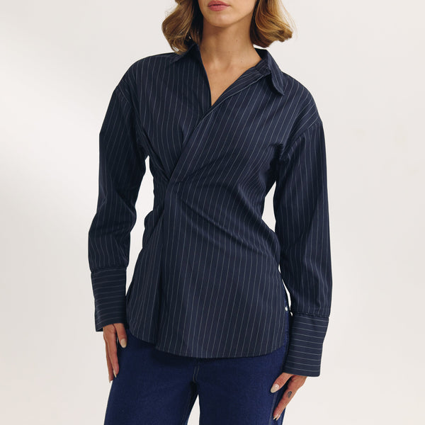 Lounge Underwear Asymmetric Shirt - Navy Pinstripe