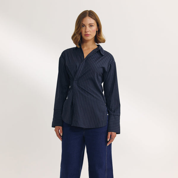 Lounge Underwear Asymmetric Shirt - Navy Pinstripe