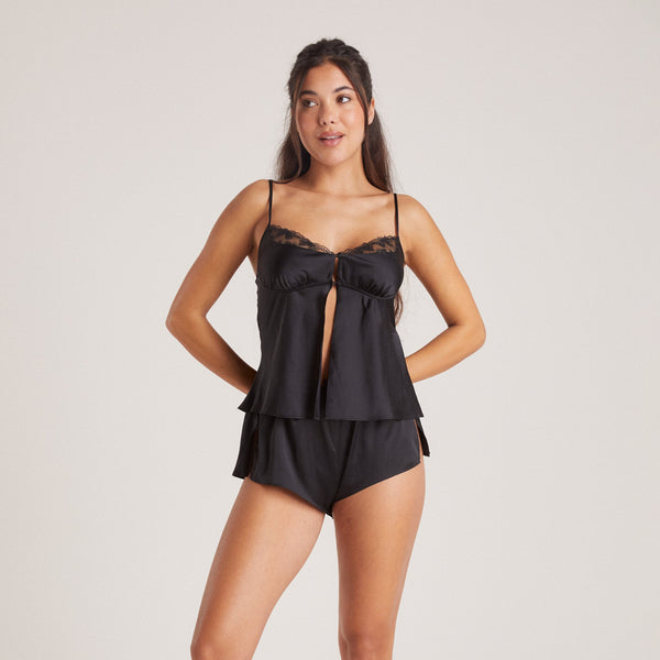 lounge underwear Bow Satin Cami Pyjama Top - Black