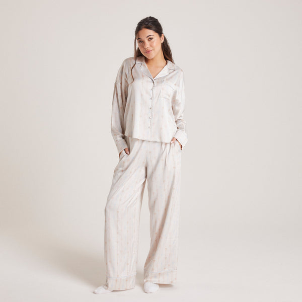 lounge underwear Bow Satin Pyjama Shirt - Pearl