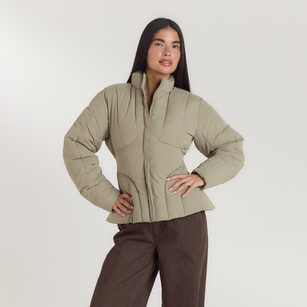 Lounge Underwear Cinched Puffer Coat - Thyme
