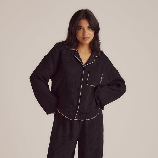 Lounge Underwear Crinkle Pyjama Shirt - Black