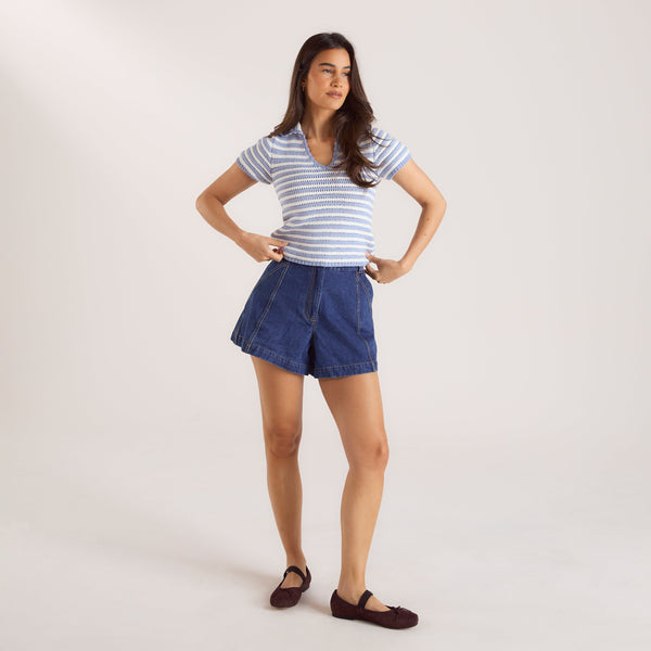 Lounge Underwear Crochet Polo Top - Blue Stripe
