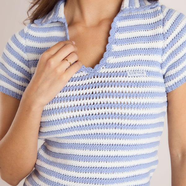 Lounge Underwear Crochet Polo Top - Blue Stripe
