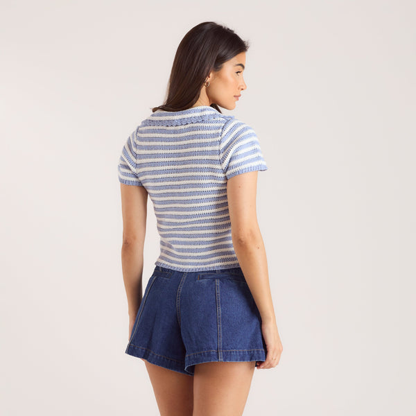 lounge underwear Crochet Polo Top - Blue Stripe