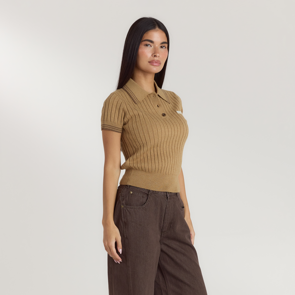 Lounge Underwear Knitted Polo Top - Tan
