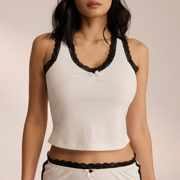 Lounge Underwear Lace Vest Pyjama Top - White