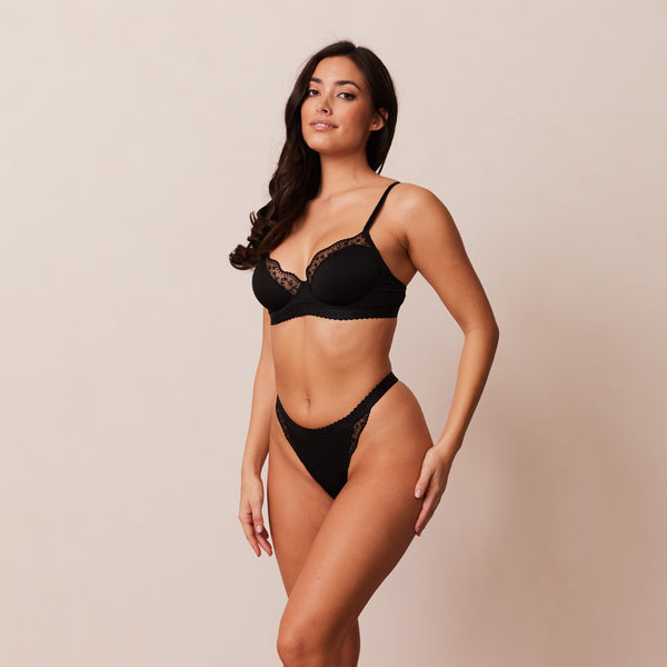 Lounge Underwear Ribbed Balcony Bra - Black