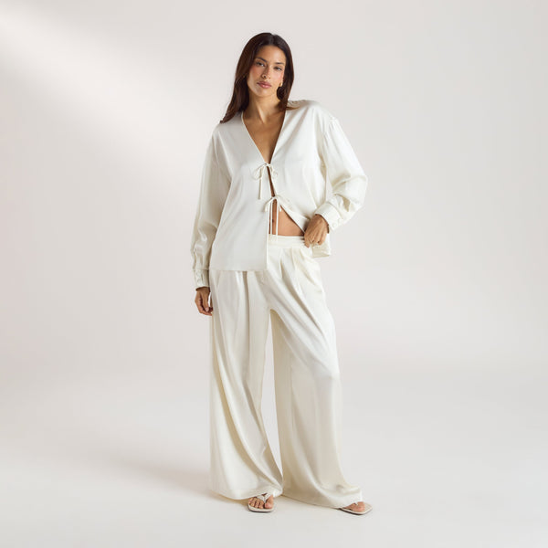 Lounge Underwear Mimi Long-Sleeved Satin Tie Shirt - Cream