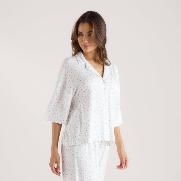 lounge underwear Modal Short Sleeve Pyjama Shirt - White Floral