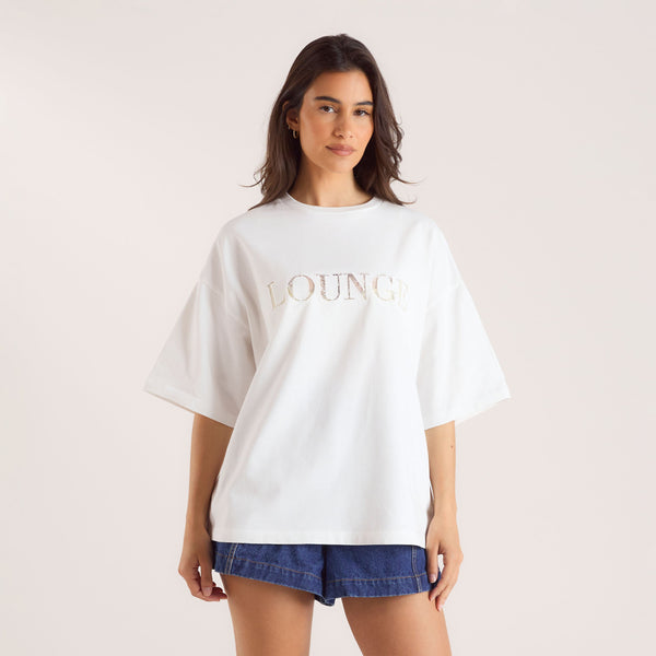 Lounge Underwear Oversized Lace Appliqué T-Shirt - White
