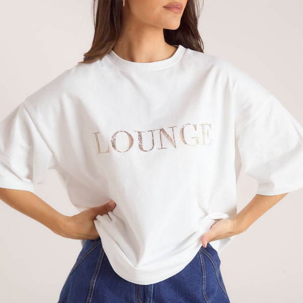 Lounge Underwear Oversized Lace Appliqué T-Shirt - White