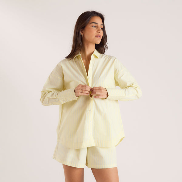 Lounge Underwear Oversized Striped Cotton Shirt - Yellow