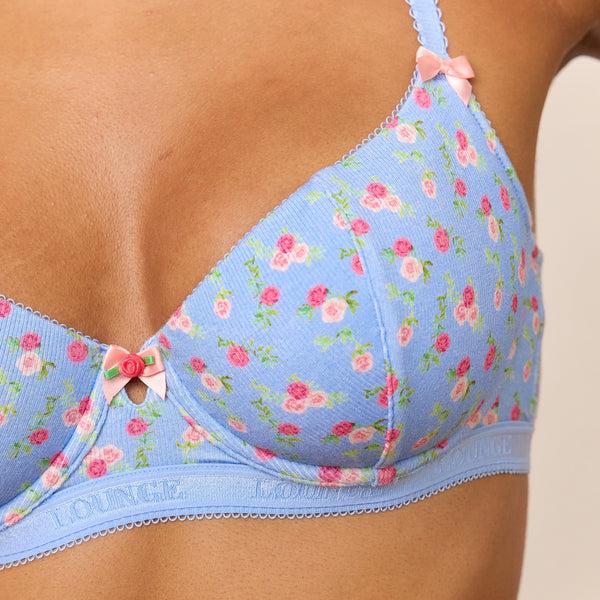 Lounge Underwear Rosebud Ribbed Balcony Bra - Blue Floral