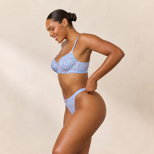 Lounge Underwear Rosebud Ribbed Balcony Bra - Blue Floral