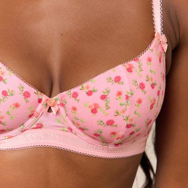 Lounge Underwear Rosebud Ribbed Balcony Bra - Pink Floral