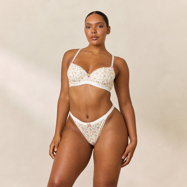 Lounge Underwear Rosebud Ribbed Balcony Bra - White Floral