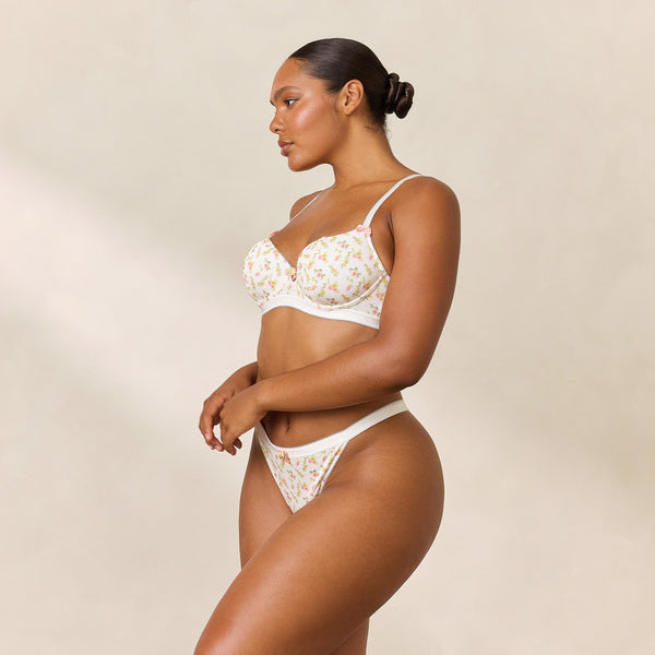 Lounge Underwear Rosebud Ribbed Balcony Bra - White Floral