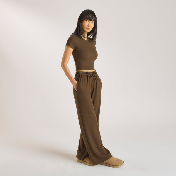 Lounge Underwear Waffle Wide Leg Trousers - Chocolate