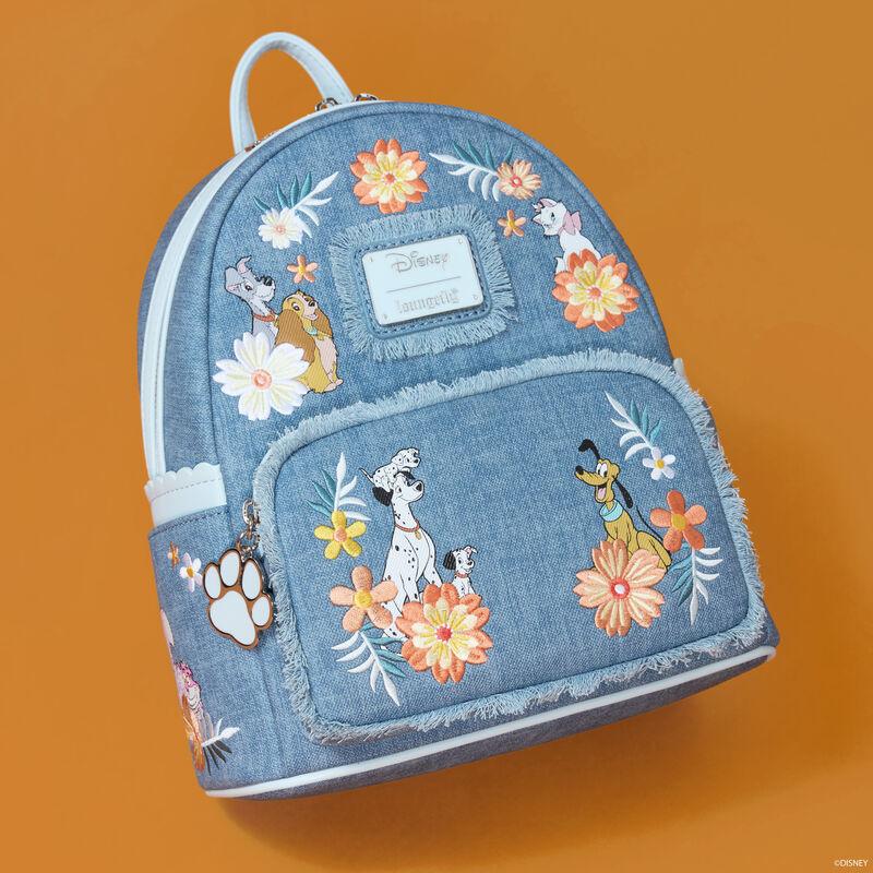 Loungefly Disney Dogs & Cats Floral Faux Denim Fringe Mini Backpack