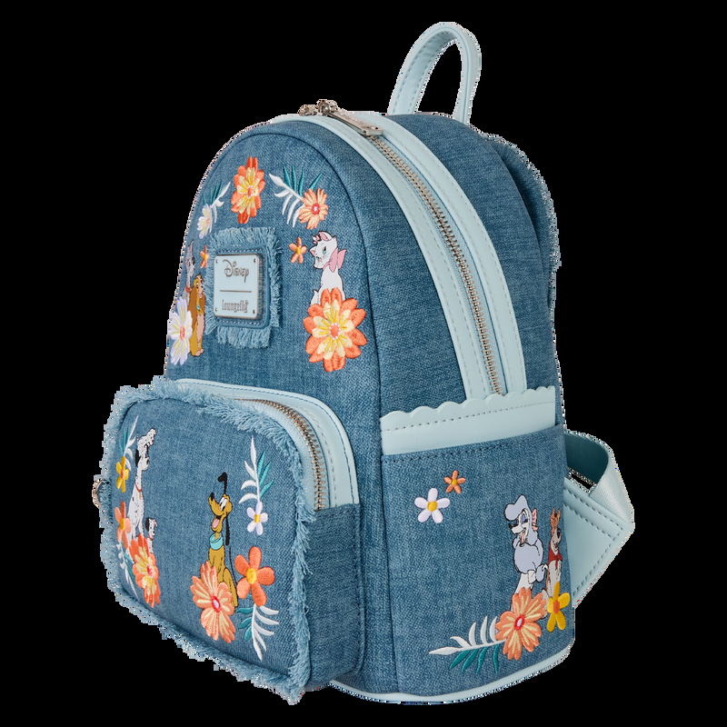 Loungefly Disney Dogs & Cats Floral Faux Denim Fringe Mini Backpack