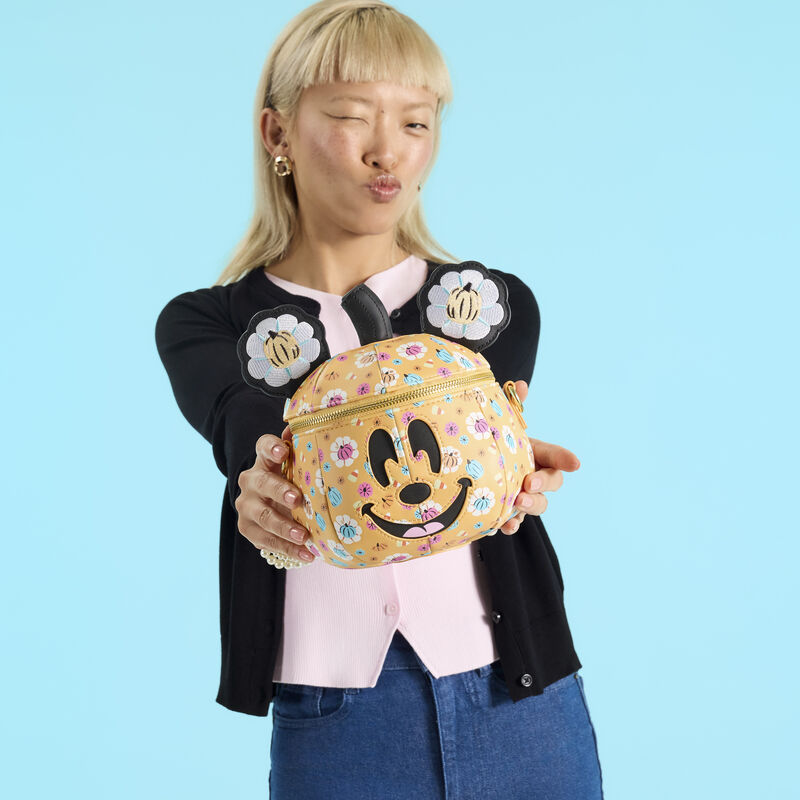 Loungefly Mickey Mouse Floral Pumpkin Head Glow Figural Crossbody Bag