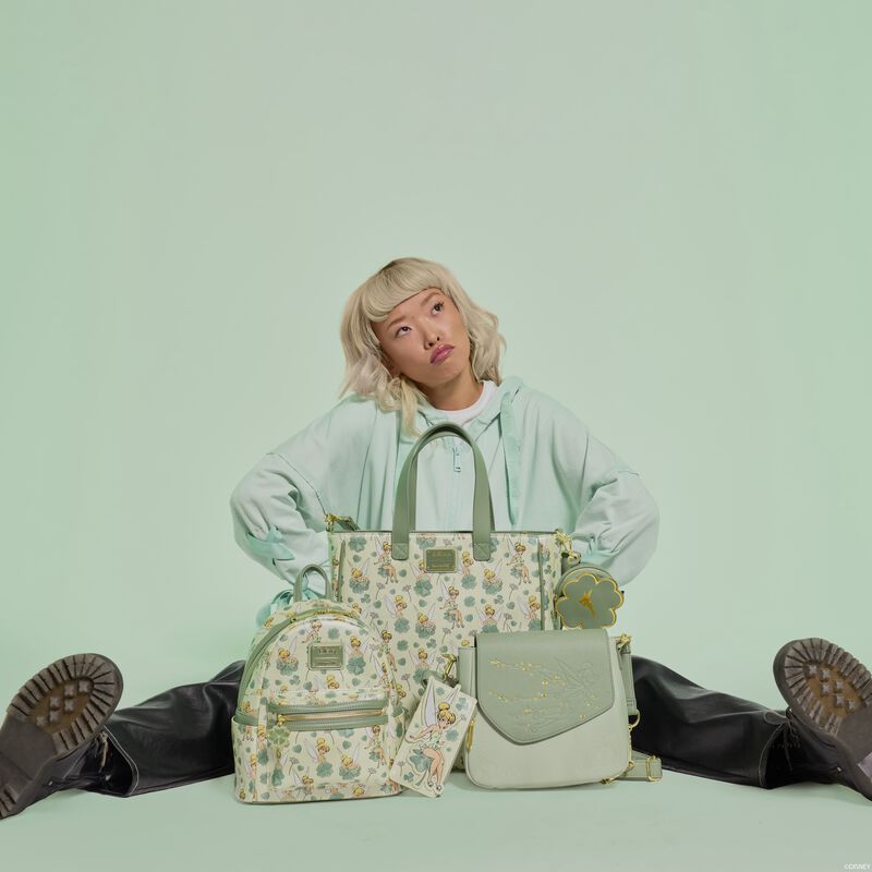 Loungefly Peter Pan Tinker Bell Clover All-Over Print Tote Crossbody Bag With Coin Bag