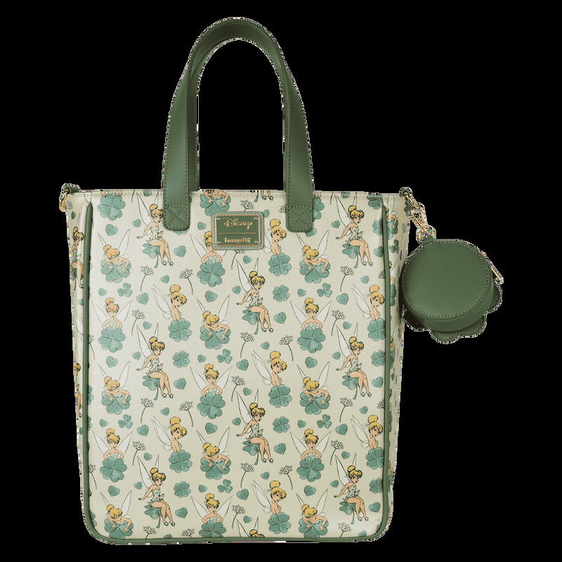 Loungefly Peter Pan Tinker Bell Clover All-Over Print Tote Crossbody Bag With Coin Bag