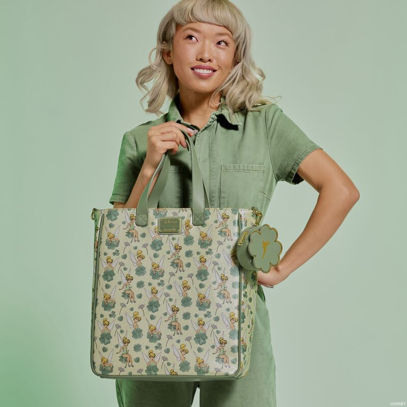 loungefly Peter Pan Tinker Bell Clover All-Over Print Tote Crossbody Bag With Coin Bag