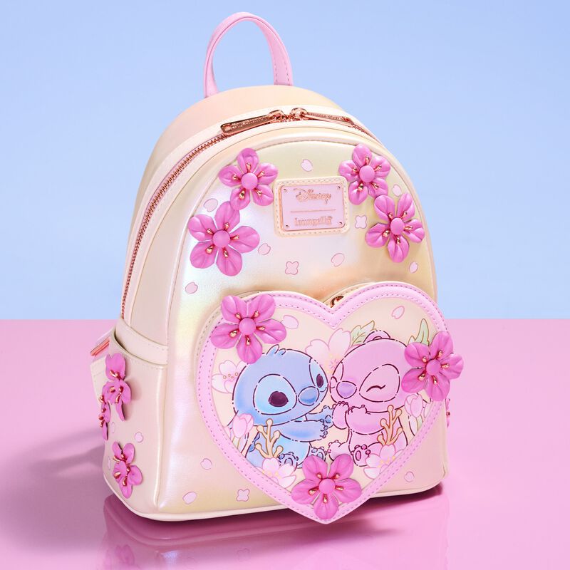 loungefly Stitch & Angel Cherry Blossom Heart Mini Backpack