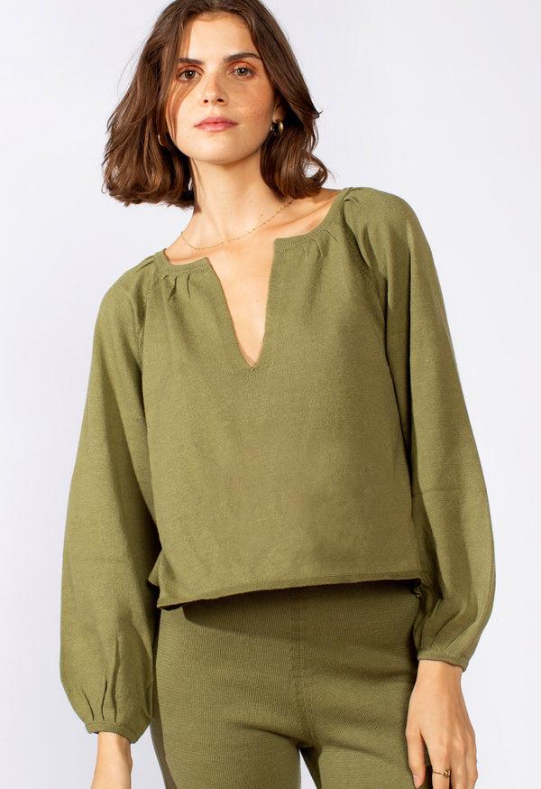 loup charmant Knitted Peasant Top in Forest