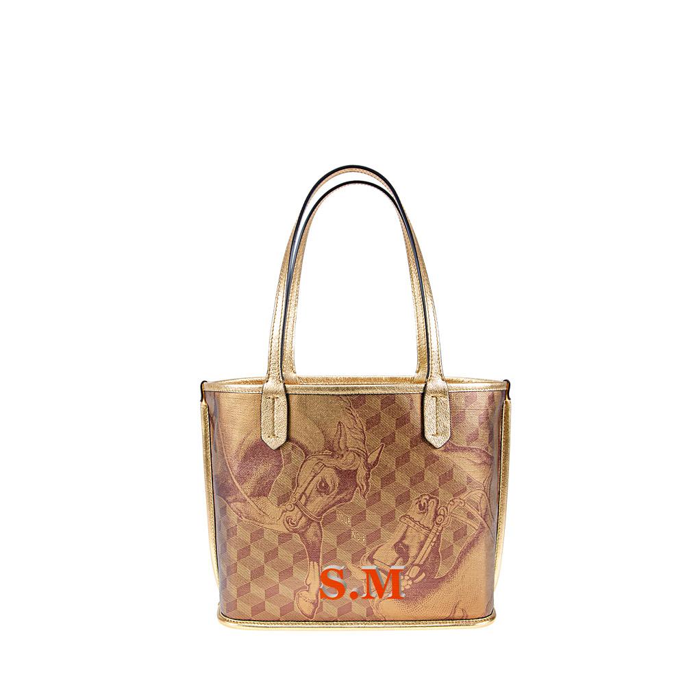 Loup Noir LEATHERLINED ST. TROPEZ MICRO SHOPPER Toile Gold