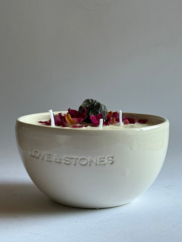 love & stones BALANCE -BALANCE - A SMOKE QUARTZ CRYSTAL INFUSED PETIT WHITE CERAMIC CANDLE LIFE STYLE