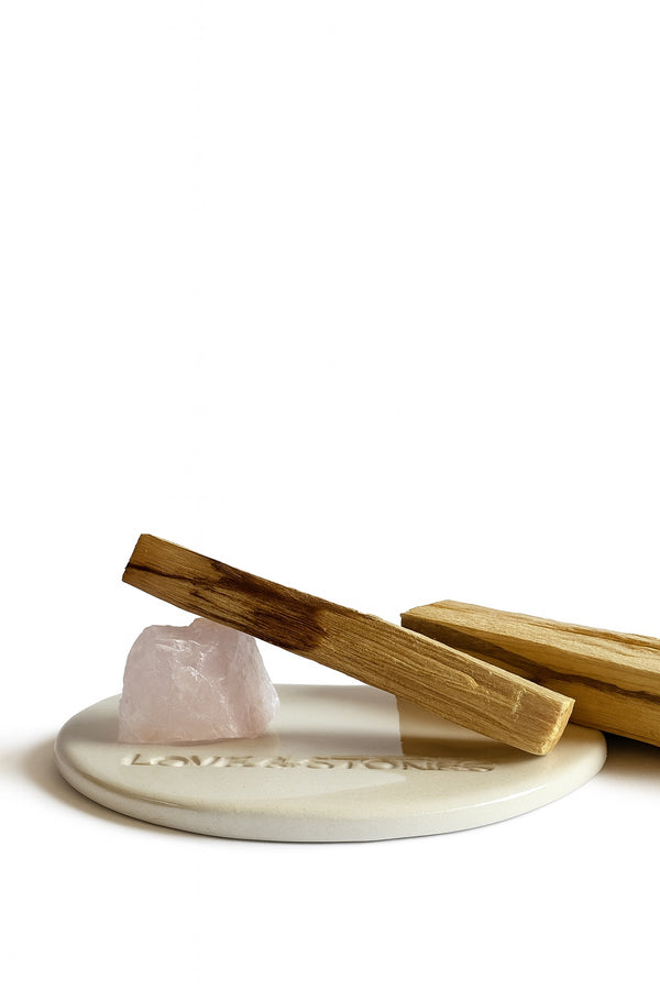 love & stones LIFE BY HAND ROSE QUARTZ CRYSTAL PALO SANTO BURNER SET home fragrance