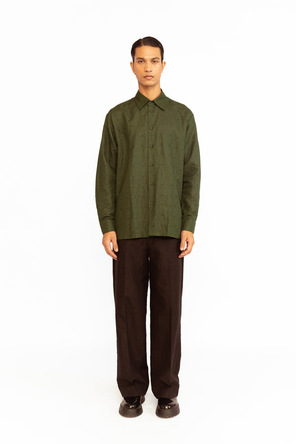 love birds Angus Embroidered Linen Shirt - Olive Green
