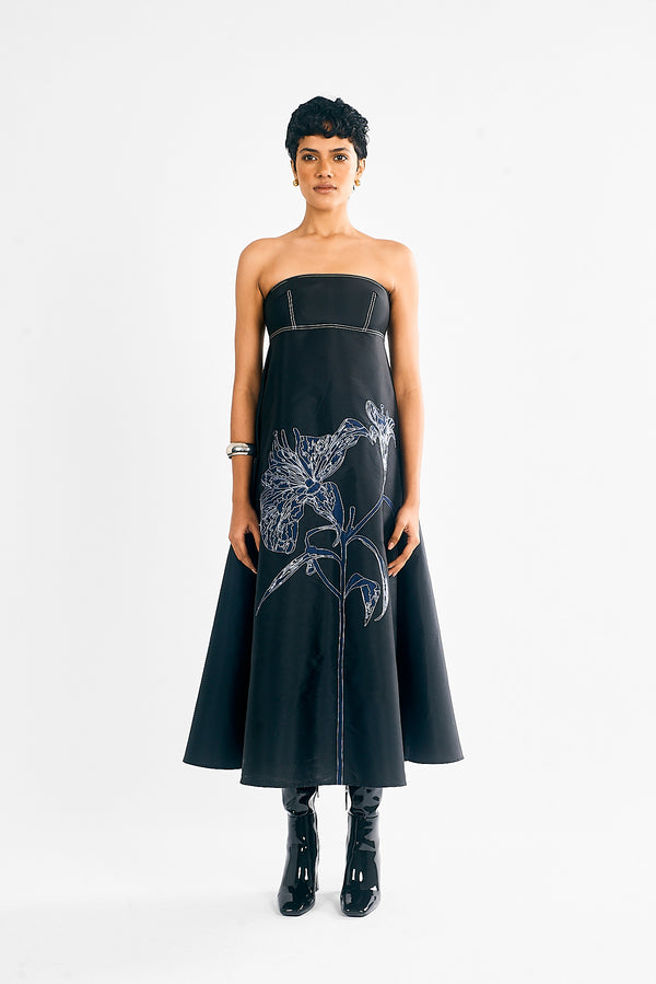 love birds Honey Comb Embroidered Dress - Navy