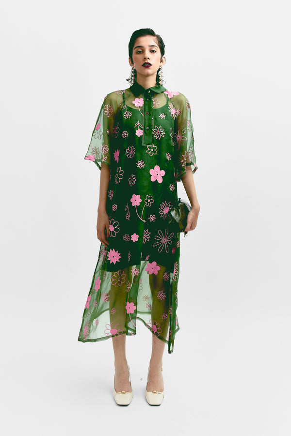 love birds Mono Daisy Dress - Green & Pink