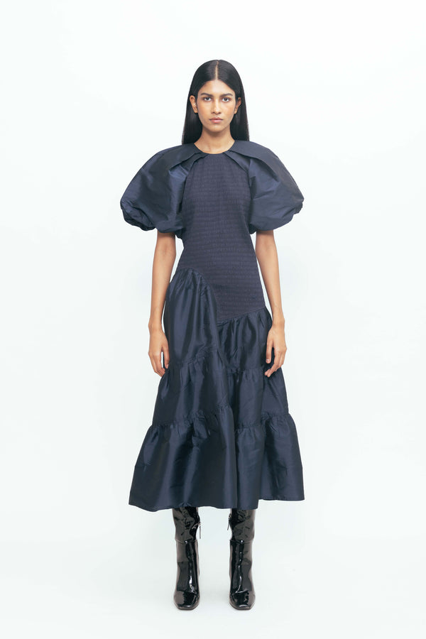 love birds Poof Ruching Dress - Midnight Blue