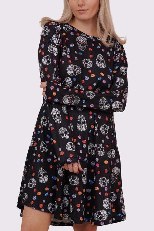 love my fashions Bejeweled Skull And Diamonds Print Halloween Dress