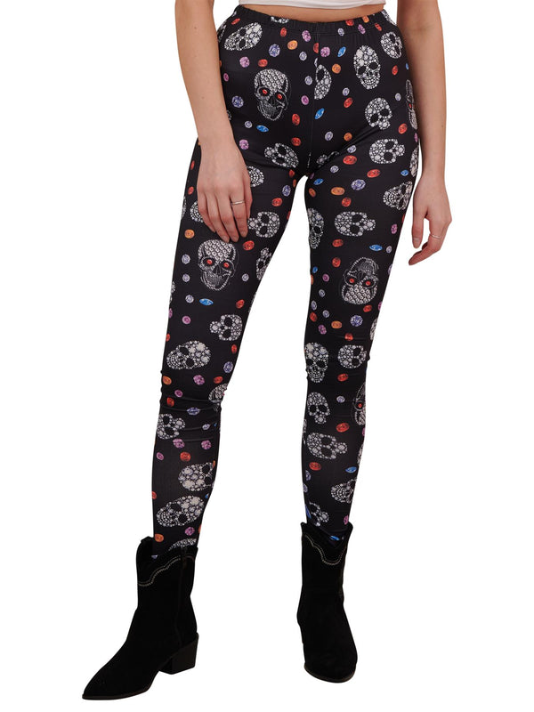 love my fashions Bejeweled Skull And Diamonds Print Halloween Leggings