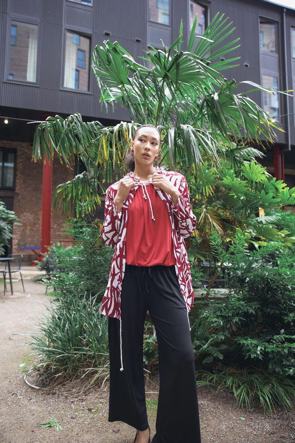 Love My Fashions Bold Abstract Leaf Print Drawstring Tie Front Cardigan