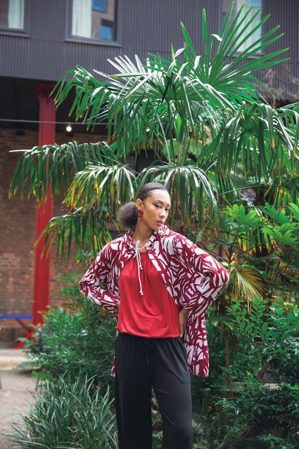 Love My Fashions Bold Abstract Leaf Print Drawstring Tie Front Cardigan