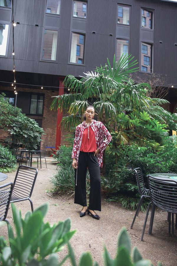 Love My Fashions Bold Abstract Leaf Print Drawstring Tie Front Cardigan